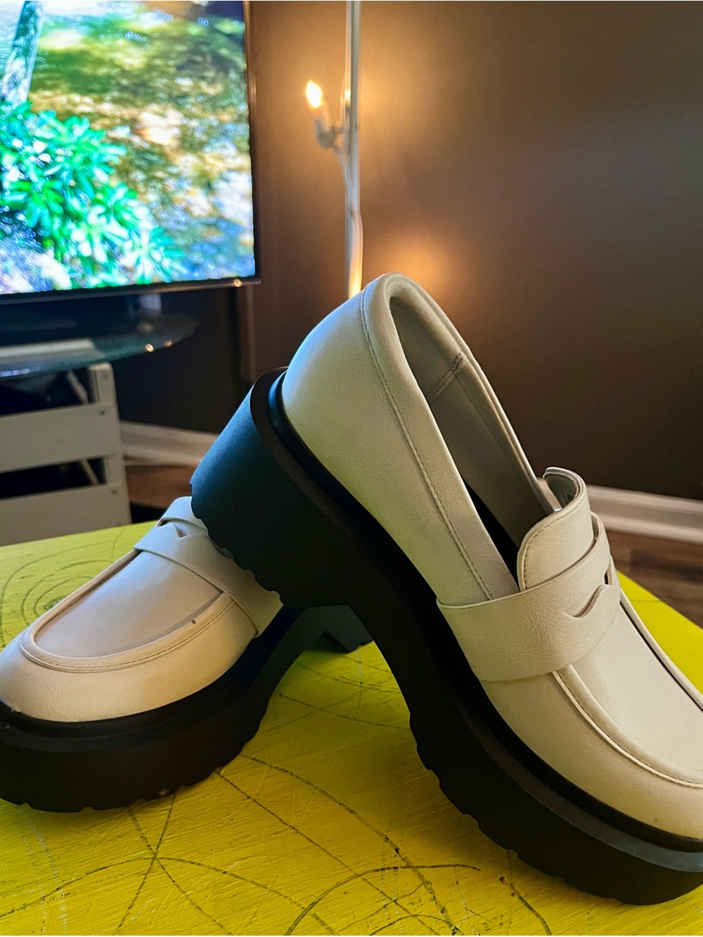 Never worn- Woman’s White Faux Leather Penny Loafers with Chunky Black Heel